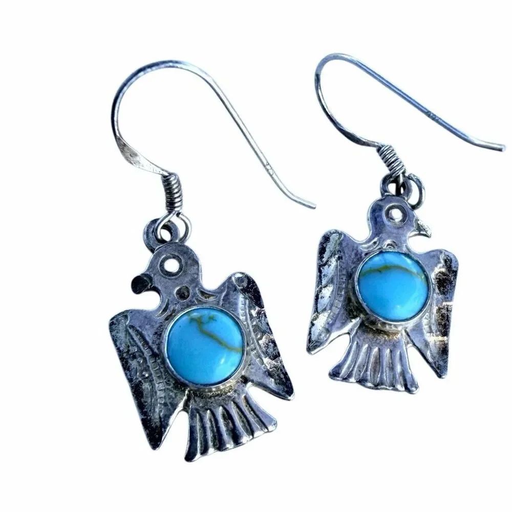 Sterling Silver Thunderbird Turquoise Earrings Southwestern Dangle Earrings